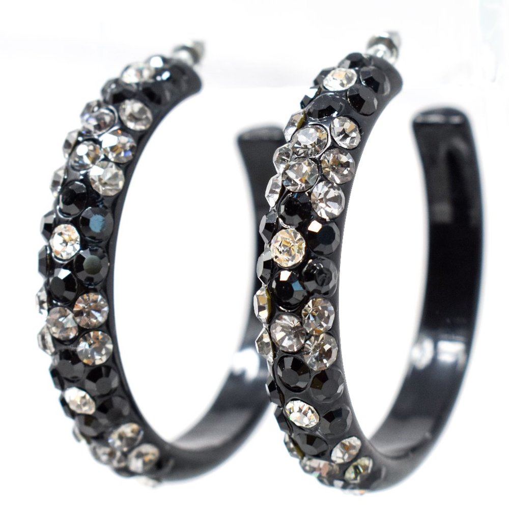 2.5" Black Lucite Flower Rhinestones Hoop Earrings